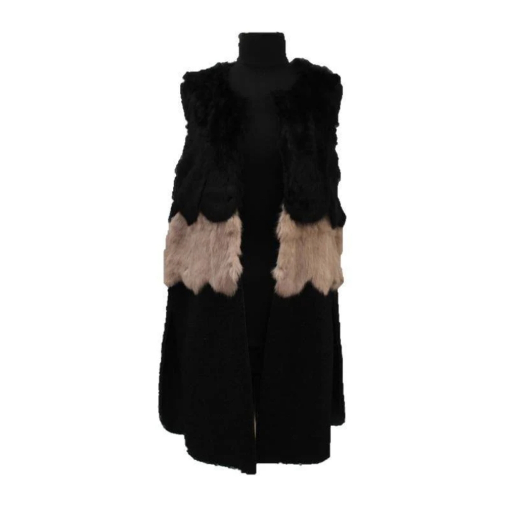 La Fiorentina Chic Black and Tan Faux Fur Vest Size Small